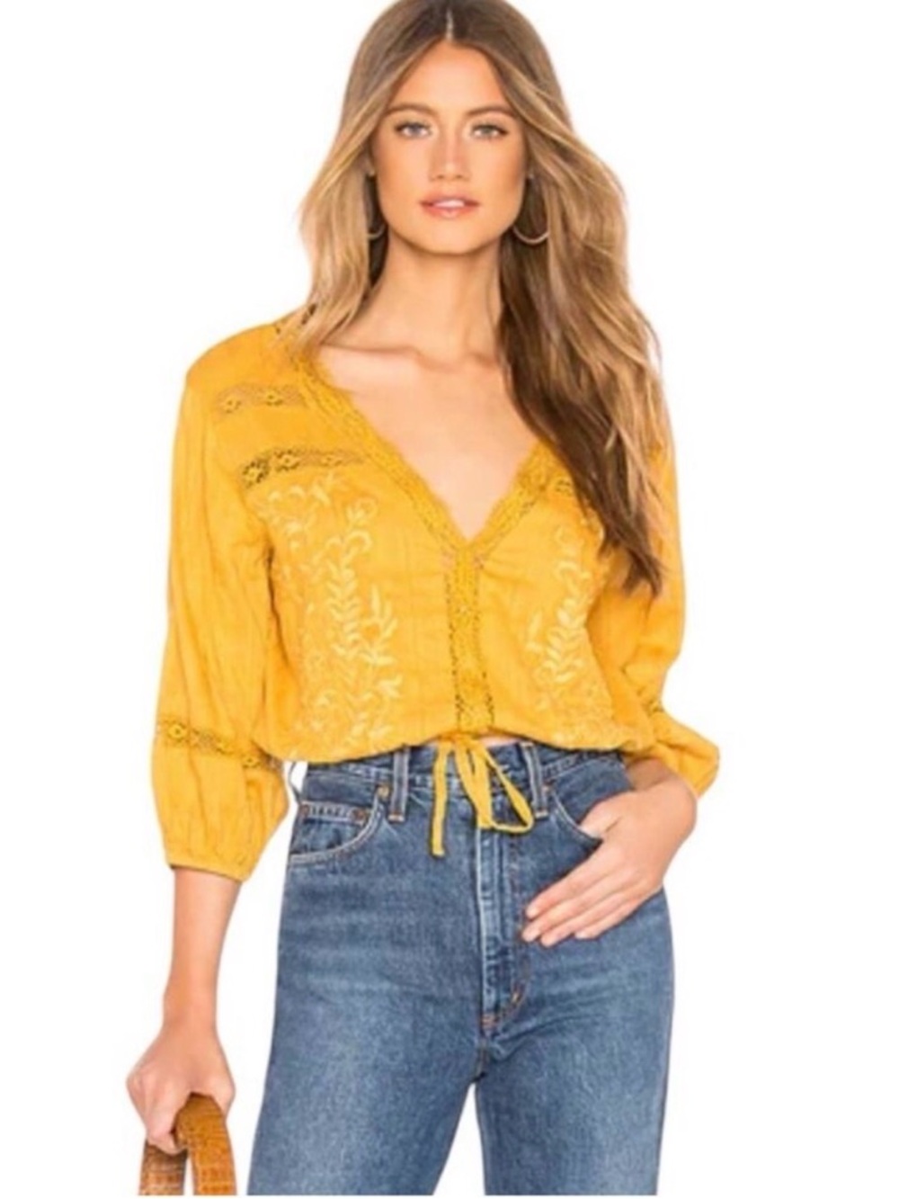 Free People Follow Your Heart Yellow Embroidered Lace Crop Top XS Boho Festival